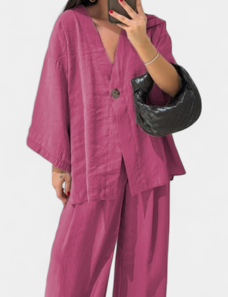 Eli Oversize Sada Top s Výstřihem do V a Rovné Kalhoty