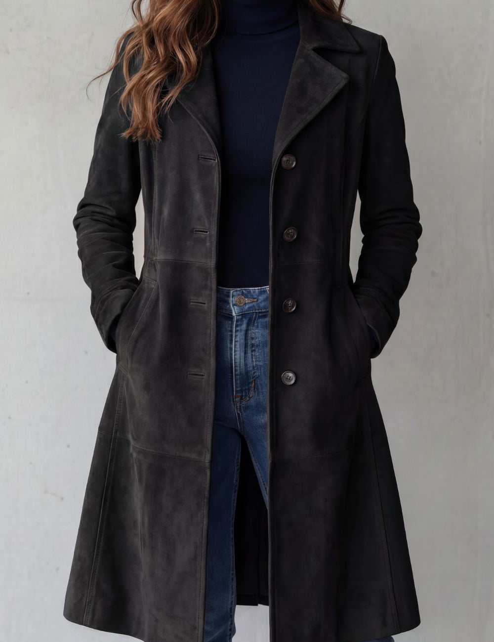Delphine – Vintage semišový povrch – Dlouhý kabát