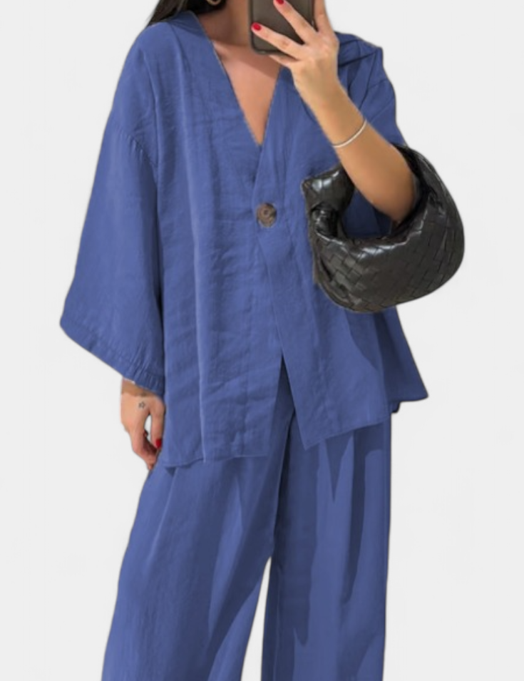 Eli Oversize Sada Top s Výstřihem do V a Rovné Kalhoty