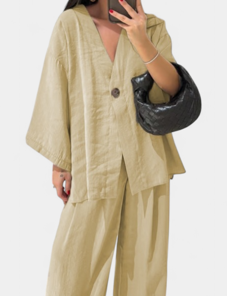 Eli Oversize Sada Top s Výstřihem do V a Rovné Kalhoty