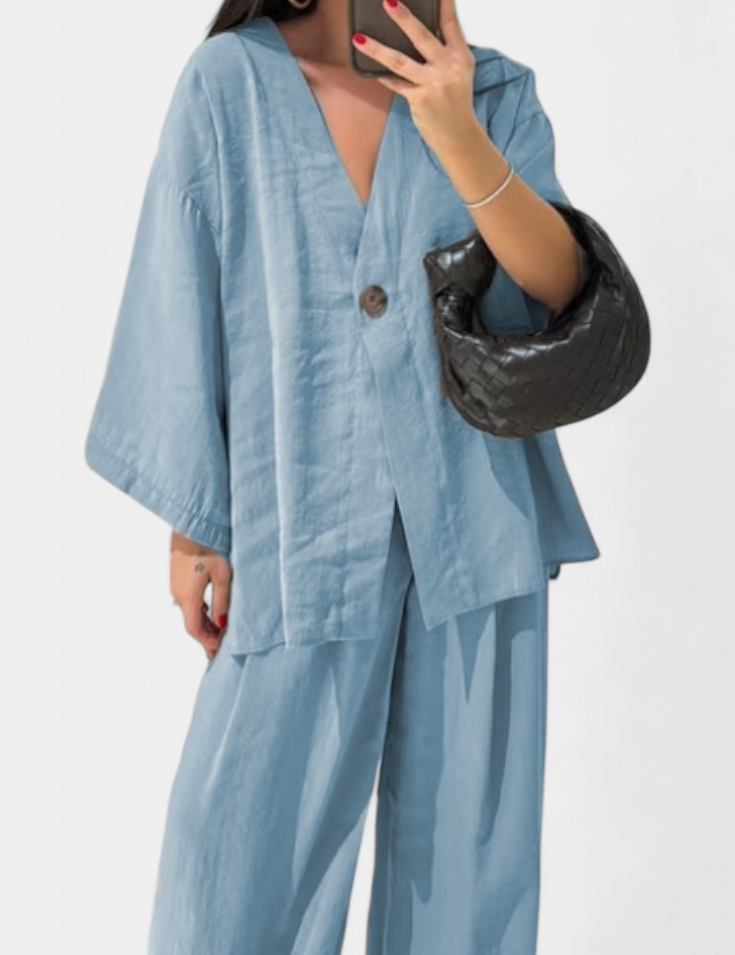 Eli Oversize Sada Top s Výstřihem do V a Rovné Kalhoty