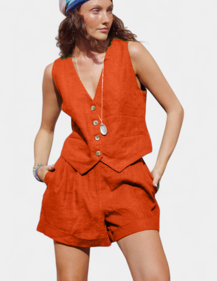Jennifer Sada Vest a Krátké Kalhoty z Lněného Bavlněného Materiálu